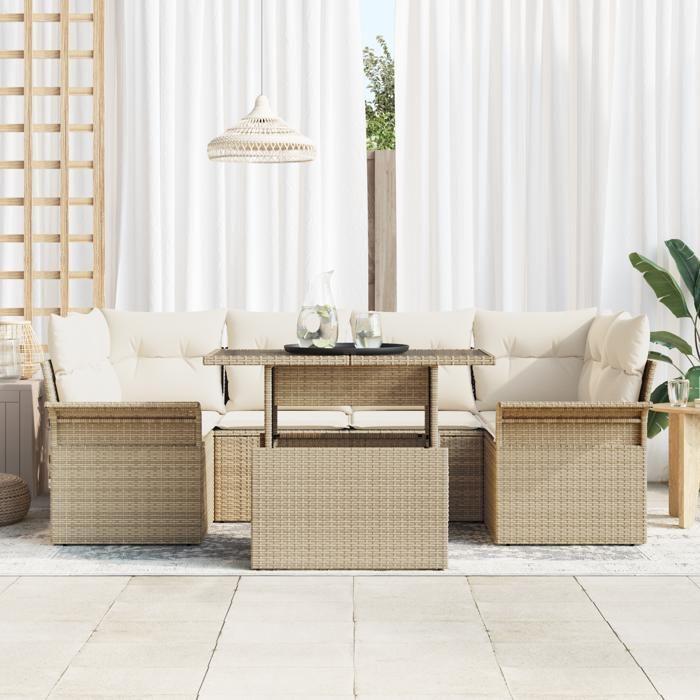 VidaXL Ensemble de canapés de jardin de 7 pièces avec coussins en poly rotin beige 3348217