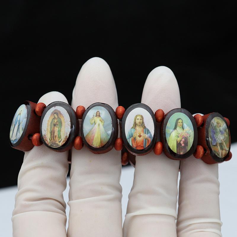 Natürliches Holz Katholischer Schmuck Jungfrau Maria Jesus Christlicher Glaube Rosenkranz Armband Religiöser Schmuck Großhandel