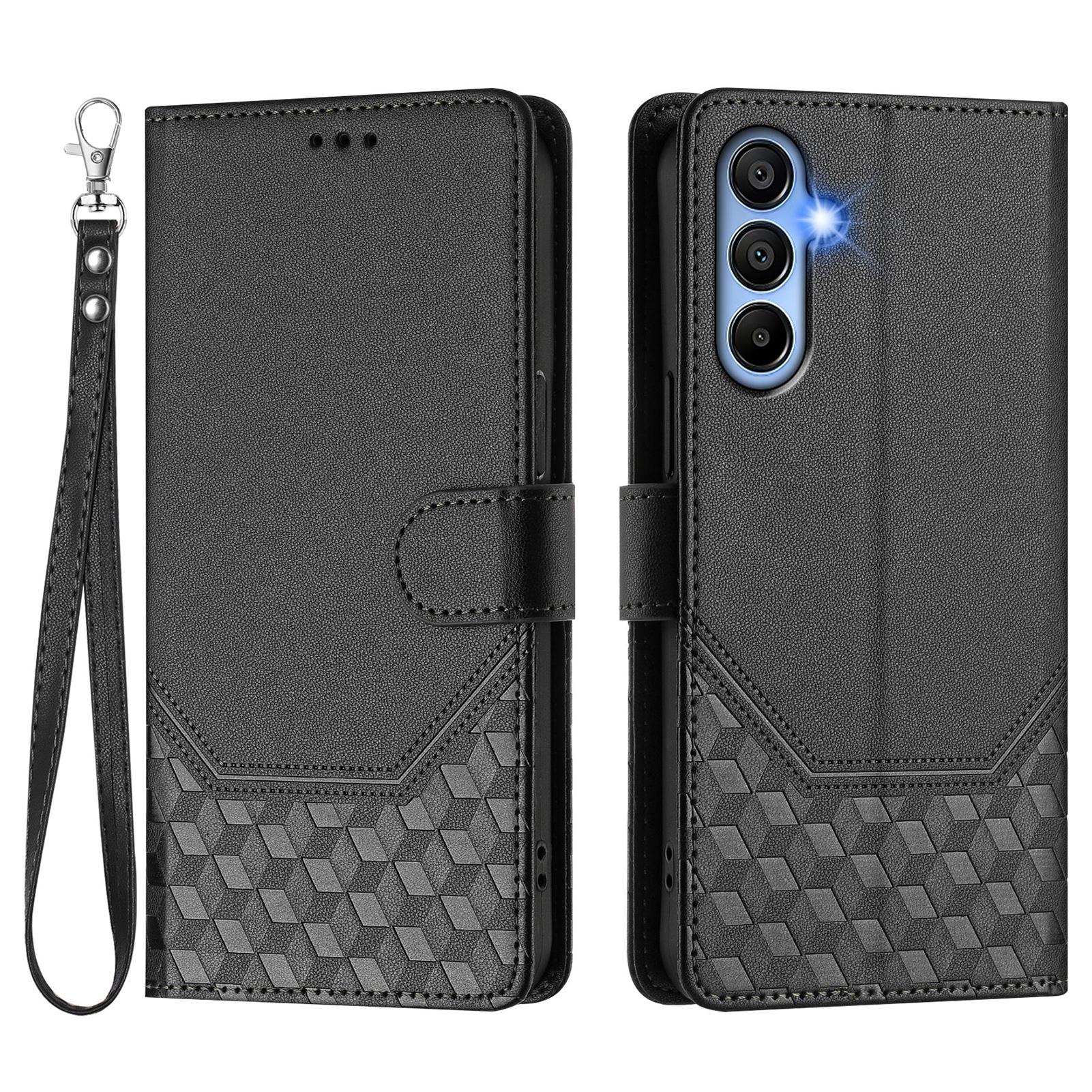 

For Samsung Galaxy A16 5G/A16 4G Case Imprinted Honeycomb RFID Blocking Leather Phone Cover with Strap Black