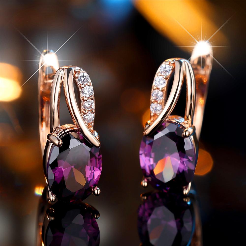 Luxury Female Purple Oval Zircon Stone Hoop Earrings Fashion Gold Color Wedding  For Women