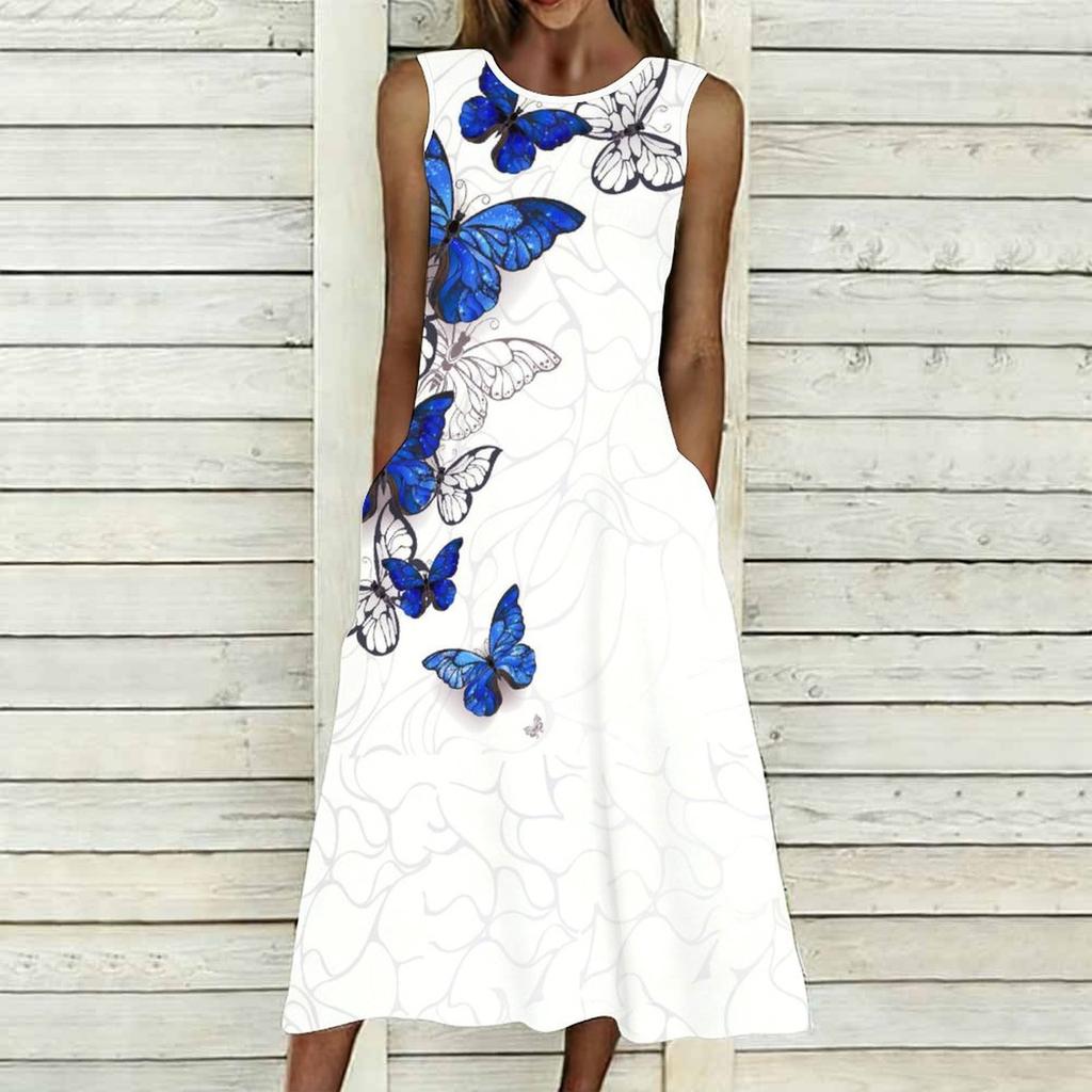 Women Oversized Sleeveless Round Neck Dress Jungle Foliage Pattern Flowy Calf Length Dress