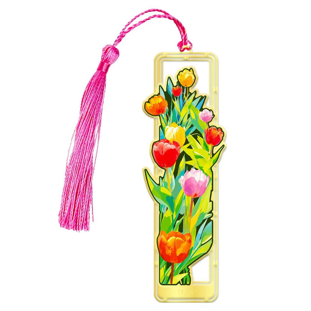 Elegant Floral Metal Bookmark with Tassel - Rose, Sunflower & Hydrangea Design