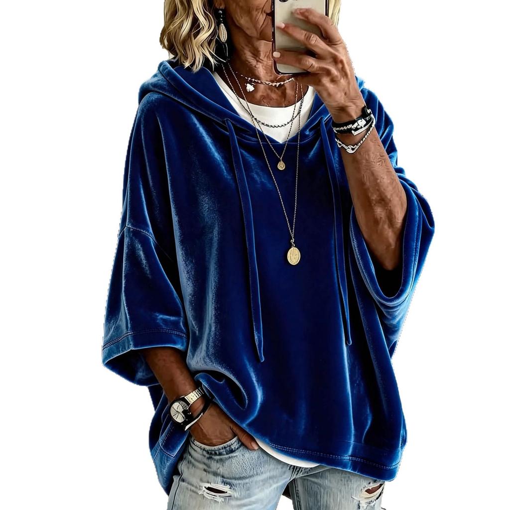 2026 European and American Women's New Hooded Drawstring Sweatshirt, Gold Velvet Layered with a Loose Bat Shirt