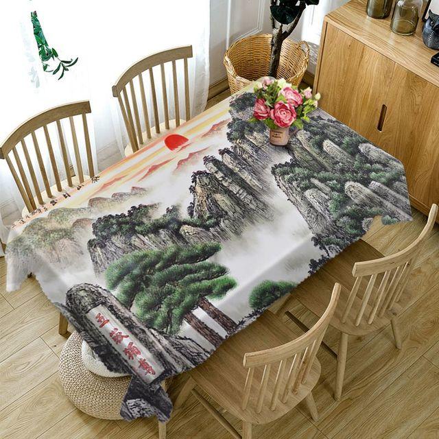 Chinese Style Tablecloth Waterfall And High Mountains Landscape Pattern Washable Thicken Rectangular Table Cloth For Wedding