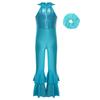 Girls Shiny Sequins Dance Leotard Sleeveless Turndown Collar Zipper O Ring Bell Bottom Design with Hair Band
