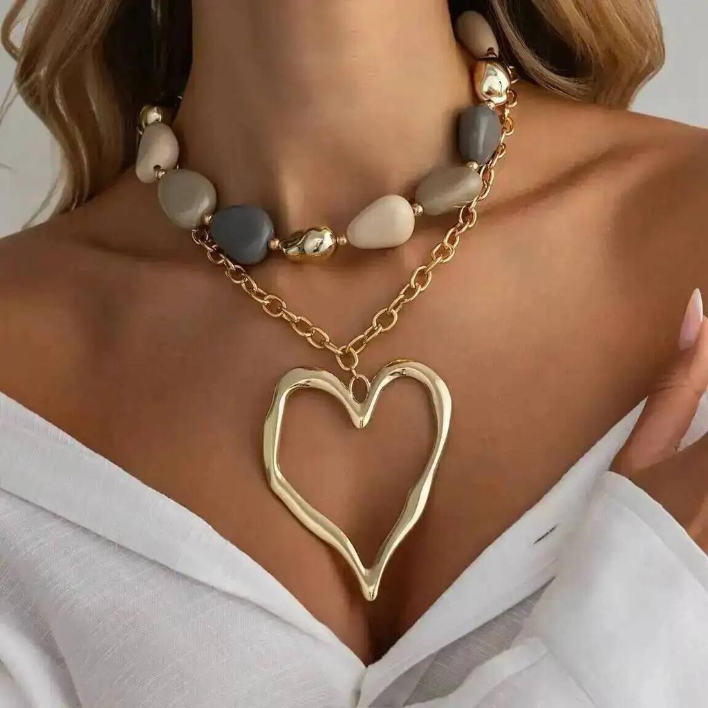 SHIXIN 2Pcs/Set Bohemia Exaggerated Big Love Heart Pendant Necklace Set for Women Vintage Irregular Beading Necklace Y2K Jewelry