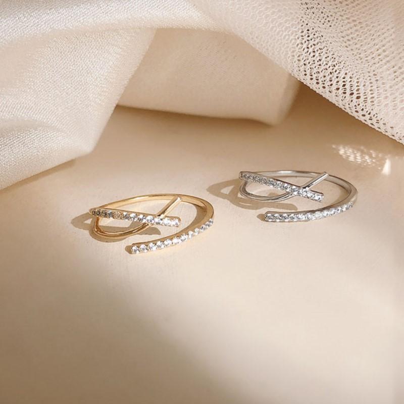 Color Double Layer Cross Line Finger Ring For Women Gold Color Cz Geometric Adjustable Rings Jewelry