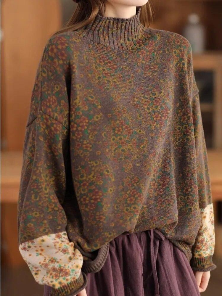 

Women Floral Patchwork Print Pullover Sweater Mock Neck Long Sleeve Spring Knitted Cotton Top Johnature Fashion One Size зелений