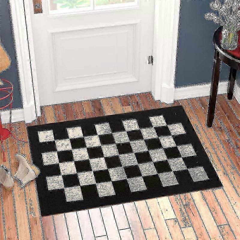 Innentürvorleger Teppich für Haustür, 50cm x 80cm Rutschfest Waschbar Kariert Saugfähig Eingangsteppich, Schwarz