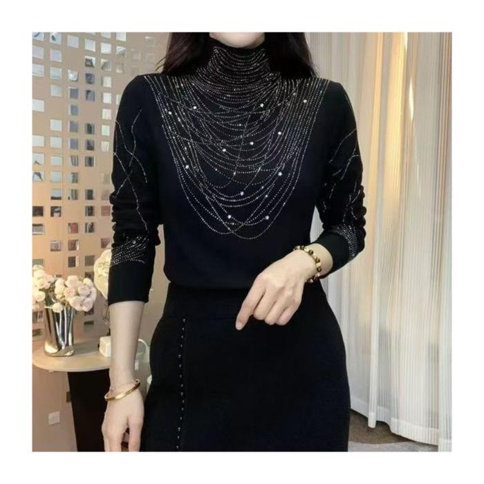 Podzimní/Zimní Módní Zeštíhlující Dámský Top s Polovysokým Límcem a Dlouhým Rukávem