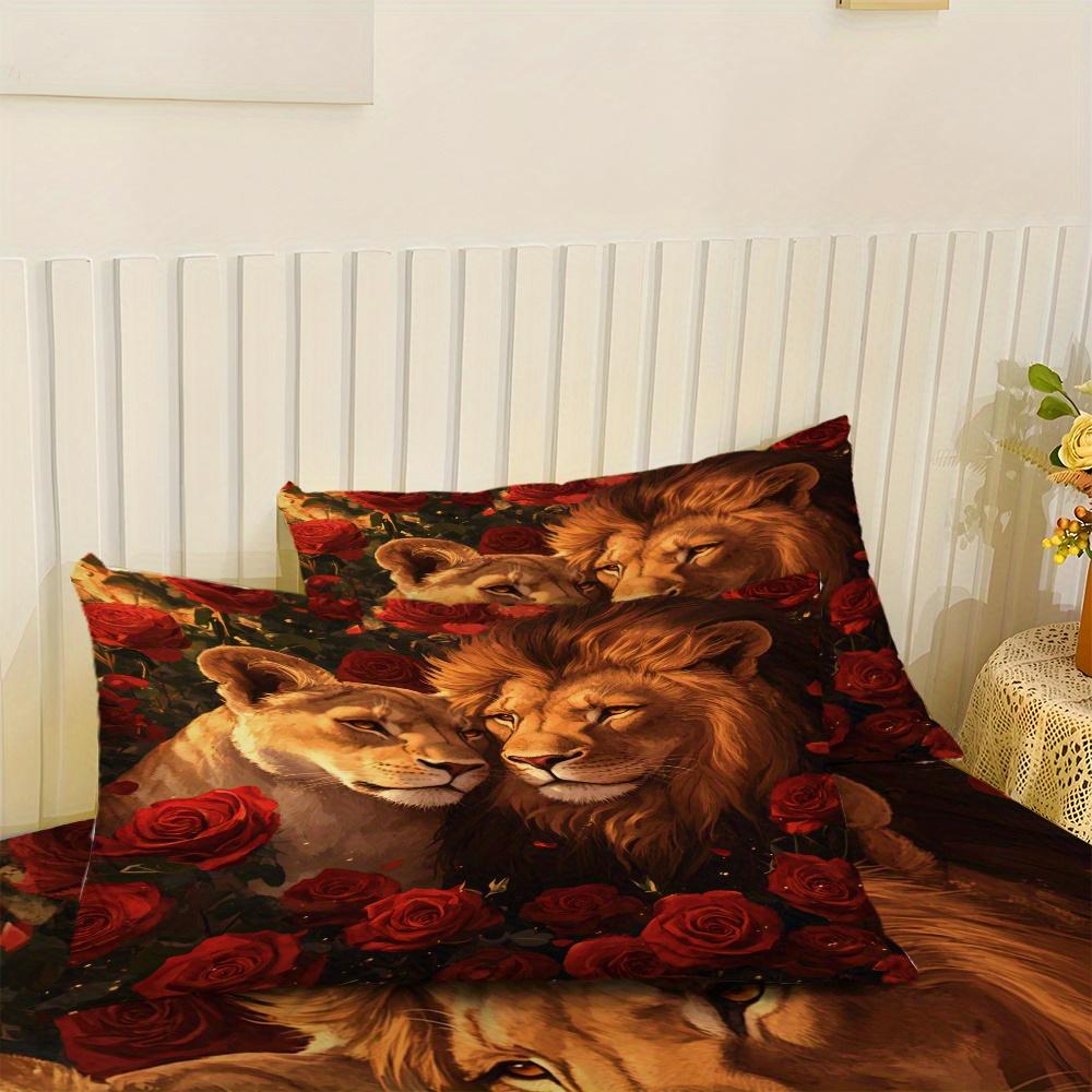 Romantic Lion & Rose Fitted Sheet Set 3pcs Red Rose Mattress Protector (1* Sheet + 2* Pillowcases Coreless) Soft Comfort Sheet