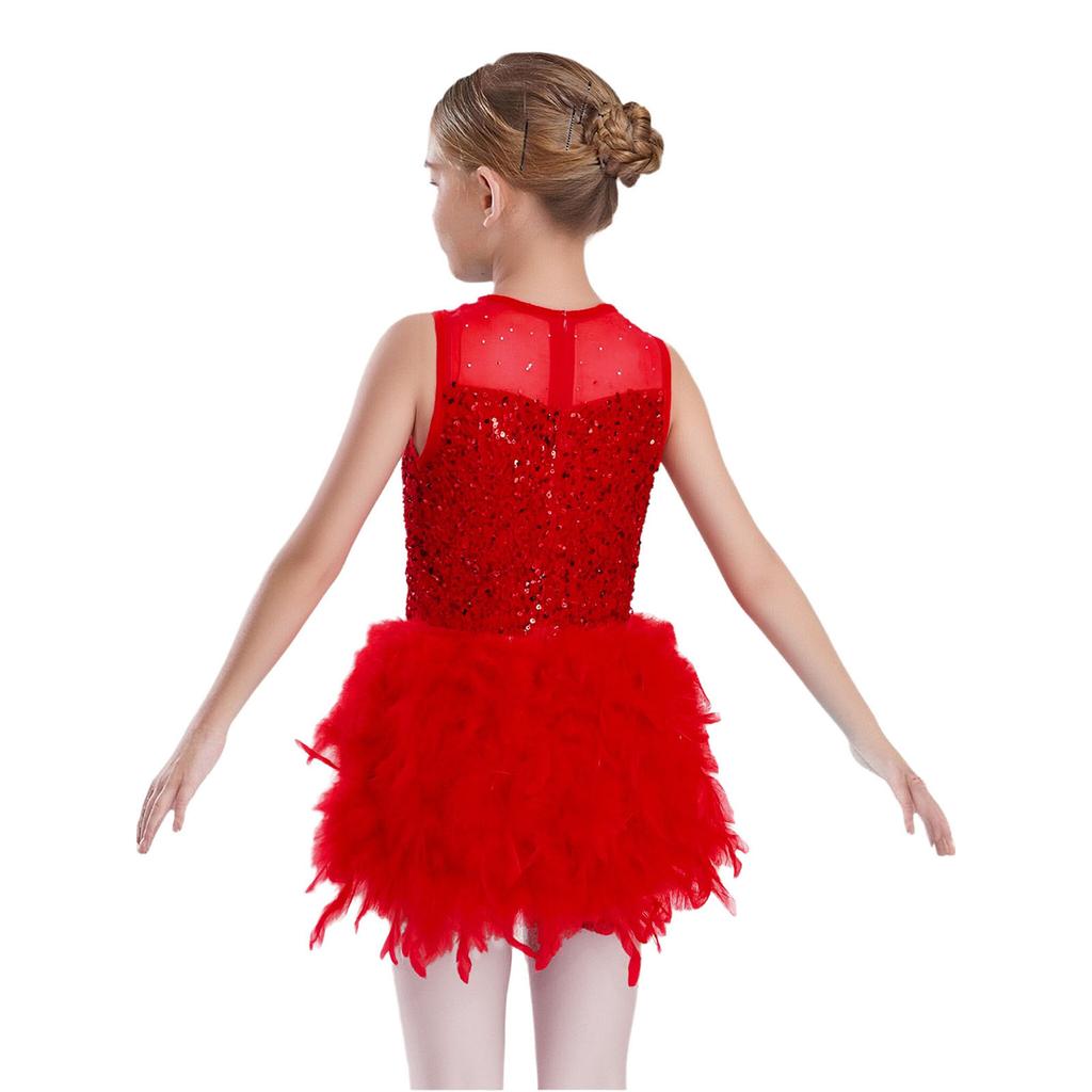 Robe de spectacle de danse pour filles Sans manches Fermeture éclair invisible au dos Patchwork en maille transparente Sequins brillants Plume Velours Robe