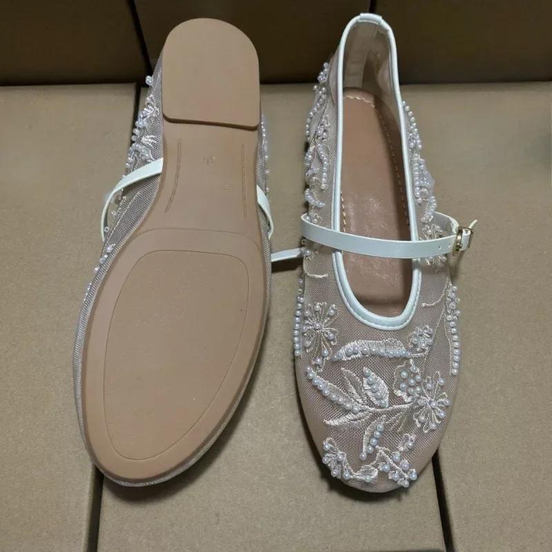Fashion Black Mesh String Bead Ballet Flats Women Elegant Embroider Flower Buckle Mary Jane Shoes Comfort Round Toe Brand Designer Shoes