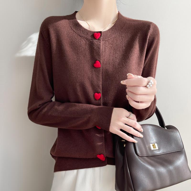 

Сладкий бархатный вязаный кардиган с круглым вырезом и дизайном пряжки в виде сердца - женский топ с длинным рукавом для весны Large красный/коричневый