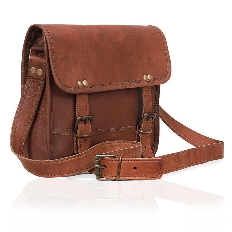 Goat Leather Messenger Bag: Personalized Tablet Satchel, Brown Crossbody