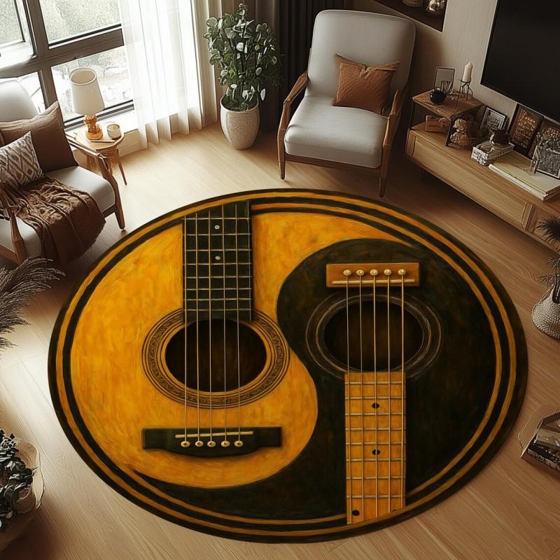 Classic Electric Guitar Round Area Rug Vintage Green Tulip Floral Welcome Floor Carpet for Music Room Studio Home Decoration