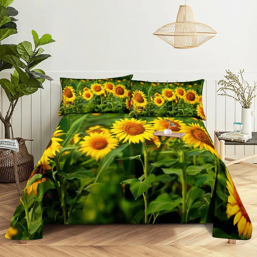 Sunflower Bed Sheets and Pillowcases for Single Double Beds Bedsheets Set with Pillow Case 2pcs 3pcs Queen Full Size 3D Soft