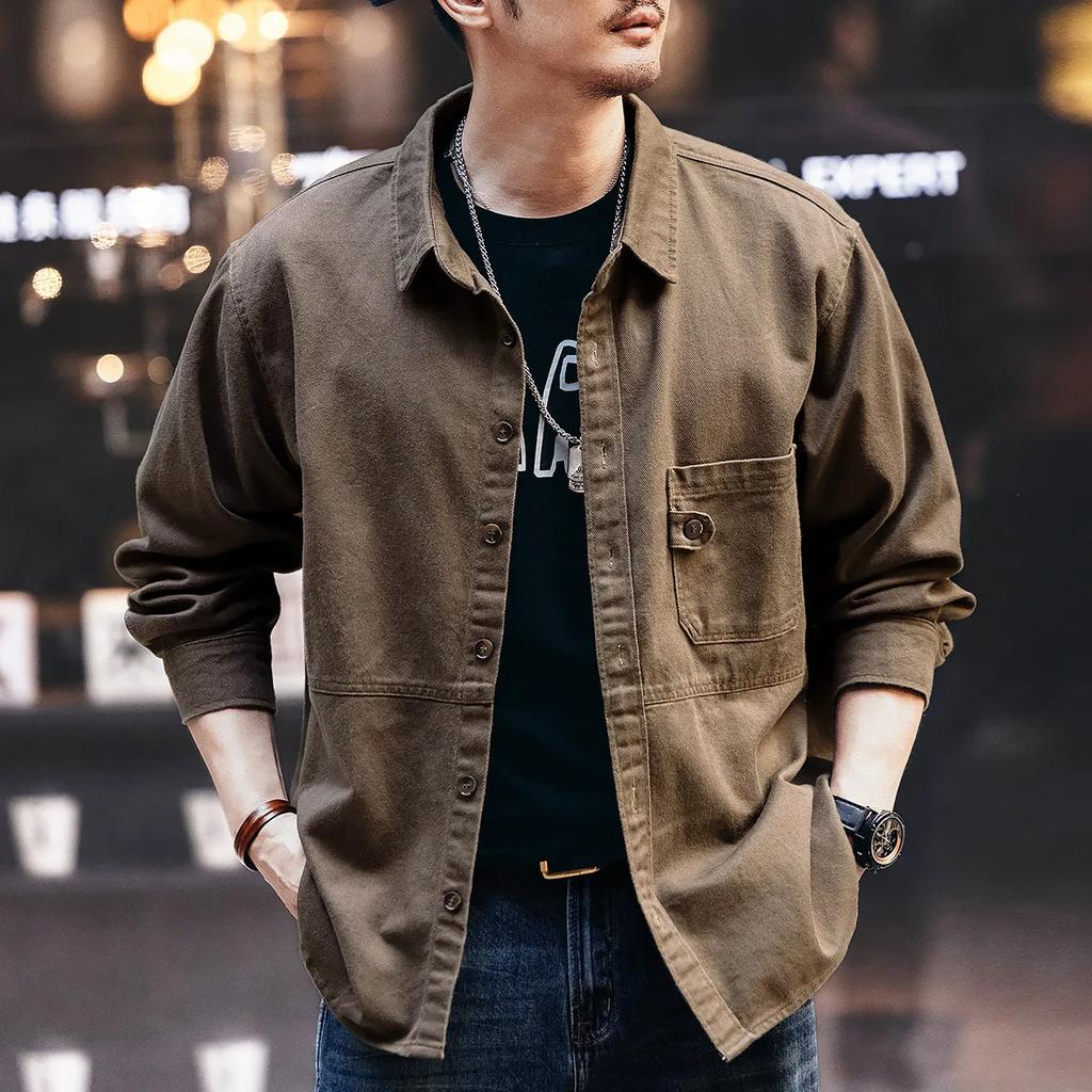 Men's Vintage Long Sleeve Work Shirt Casual Loose Button Down Cotton Shirts Big Size Retro Workwear Tops for Men