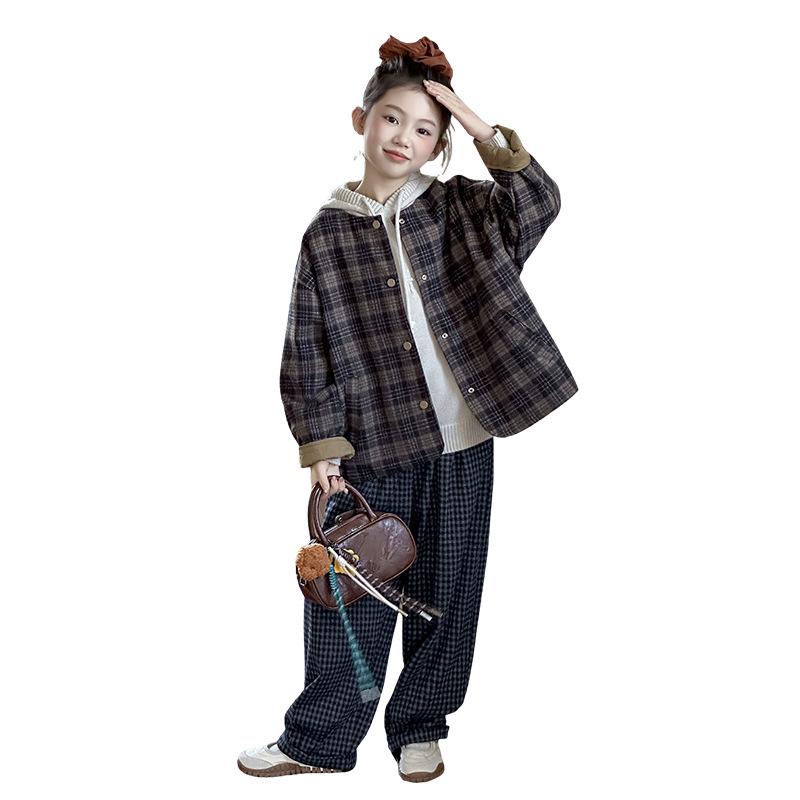 Girls' Fashion Plaid Sweater and Pants Set for Spring and Autumn 2025