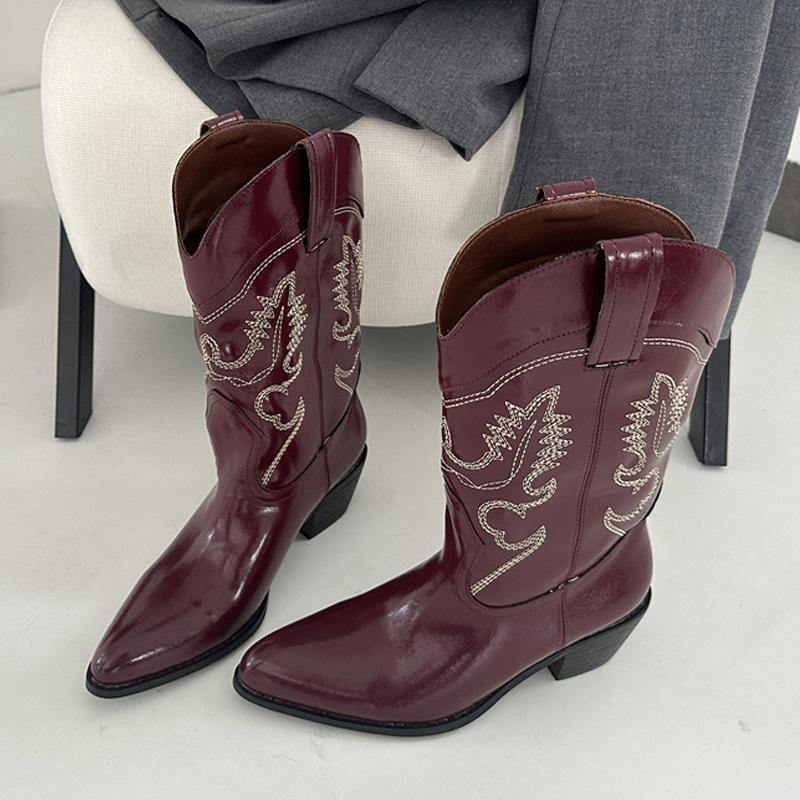 

Fashion Liyke Designer Wine Red Leather Western Boots Woman Pointed Toe Autumn Winter Shoe Low Thick Heels Fashion Embroidery Ankle Boot 35 вино красного