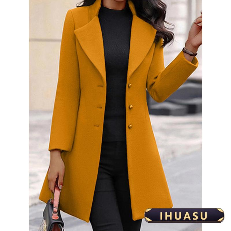 IHUASU Women's Vintage Casual Solid Color Print Autumn Winter Long Sleeve POLO Neck Jackets & Coats Elegant