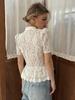 Damenbluse mit Blumenmuster und Spitze, figurbetont, mit Stehkragen
