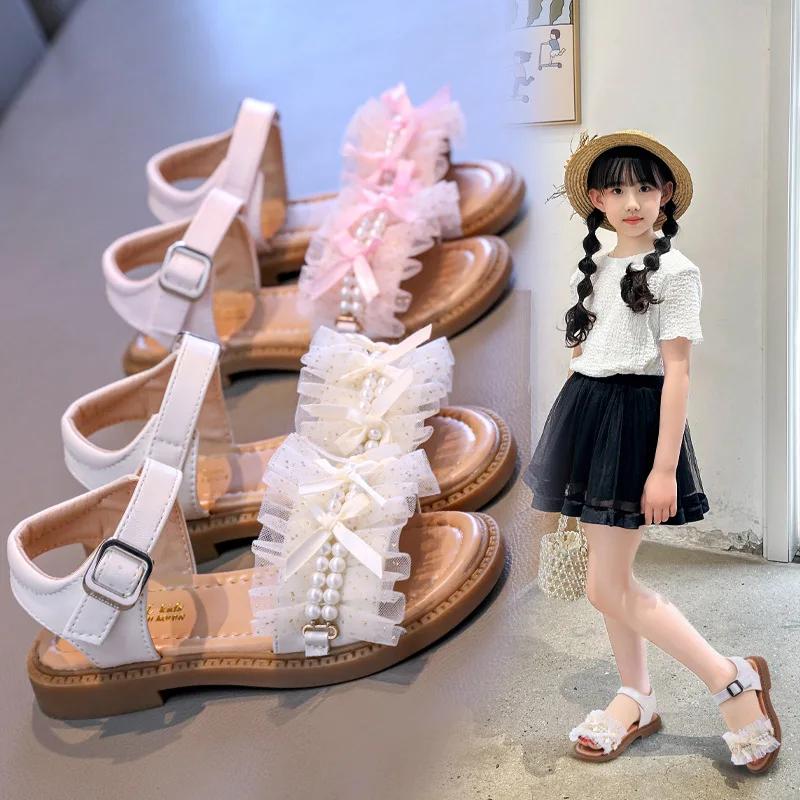 Fashion 2025 Summer New Girls' Sandals Light Luxury Wind Net Gauze Pearl Soft Soled Princess Shoes Little Girls Fashion Beach Shoes