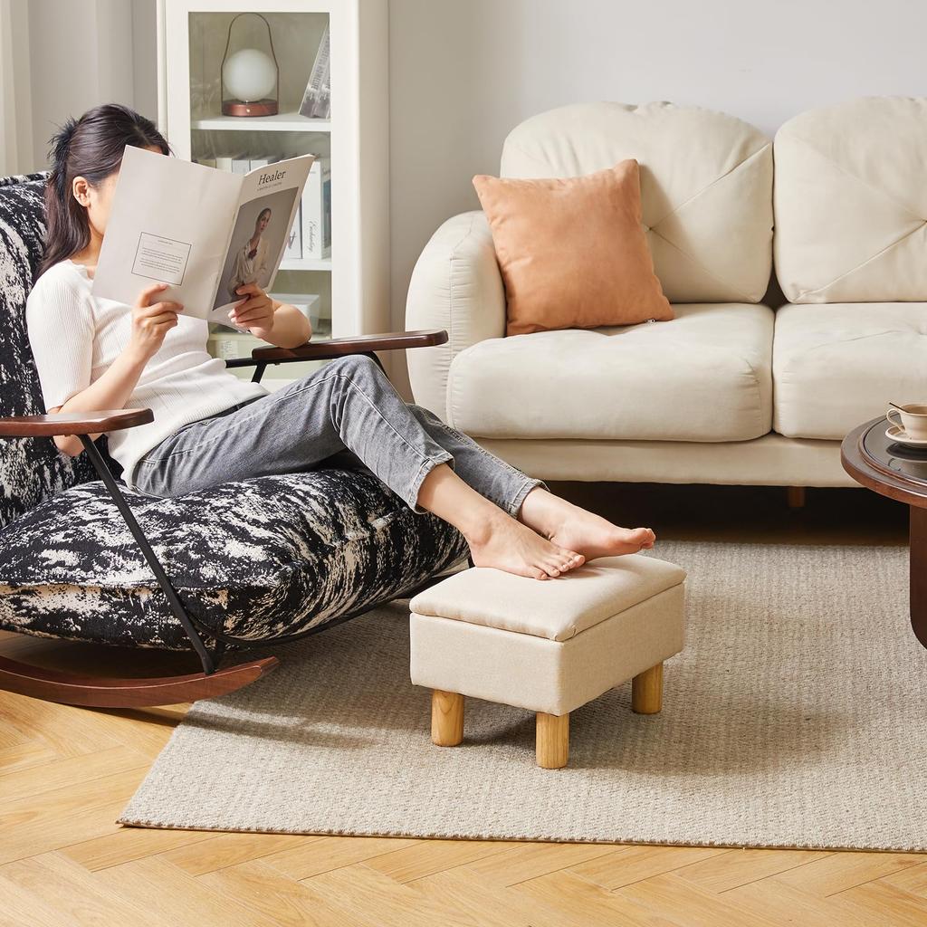 Aibiju Linen Fabric Ottoman with Low Storage Stool with Natural Wood Footstool with Weight Capacity Suitable for Living and Under-Desk Footstool,