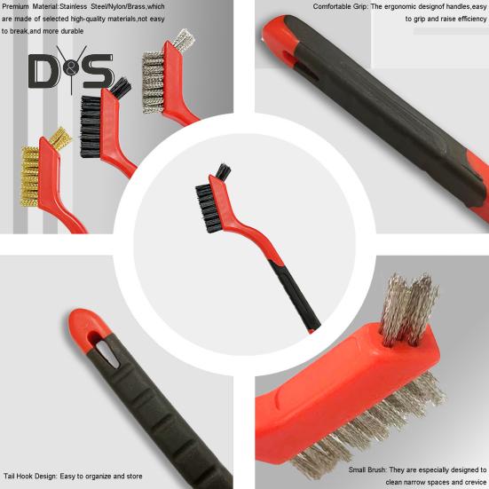 6Pcs/Set Narrow Space Wire Brush Set Ergonomic Long Handle Bristle Cleaning Brush Kitchen Bathroom Garage Tool