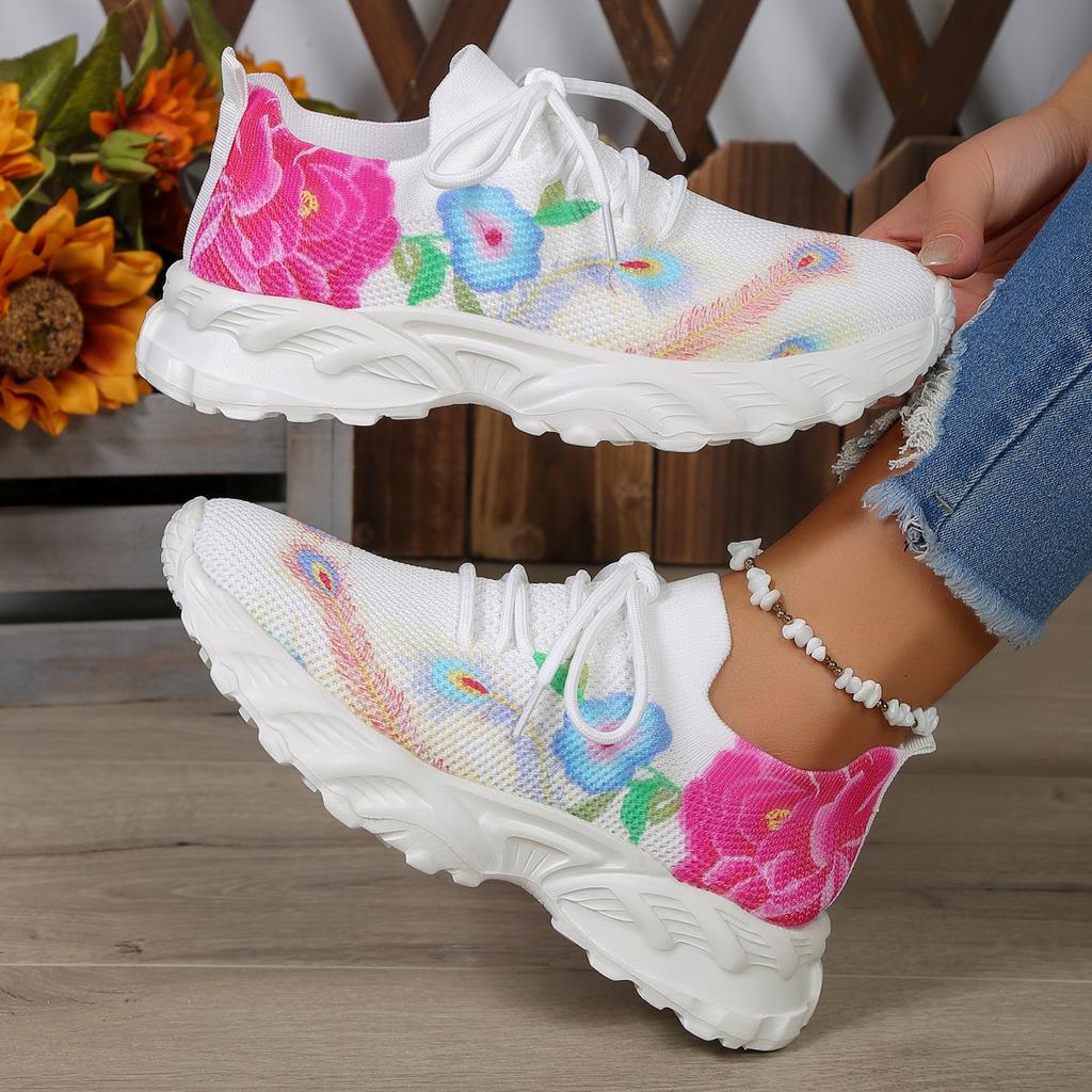 European and American Printed Women's Shoes 2024 Autumn New Casual Flower Mesh Breathable Soft Sole Lightweight Sports Shoes