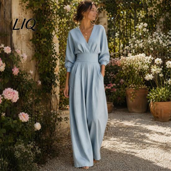 Casual Women Jumpsuit Women's Long Sleeve Jumpsuit, Deep V Neck Loose Wide Leg All Day Comfort Rompers, High Waist Summer One Piece Outfits