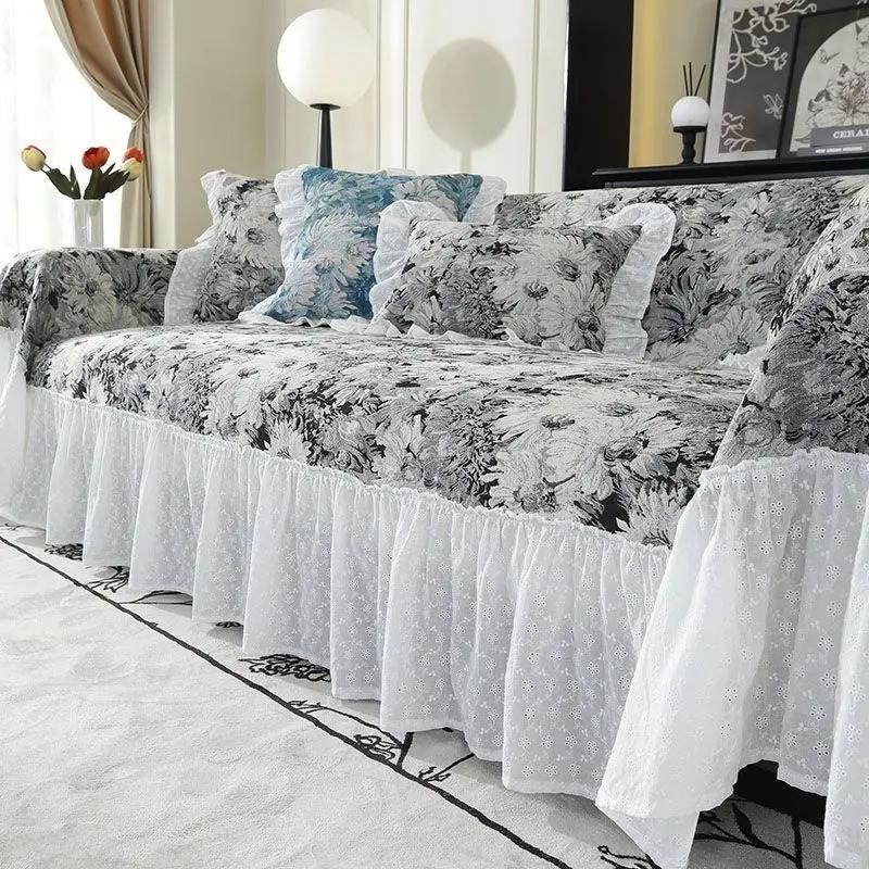 Vintage Žakárová látka na potah pohovky s vysokou hustotou Univerzální pro čtyři roční období Volánkový okraj Potah na gauč Jednodílný Prachotěsný Ručník na pohovku