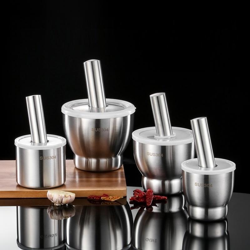 Mortar And Pestle Stainless Steel Spice Grinder Pill Crusher With Lid Ergonomic Grip For Crushing Grinding
