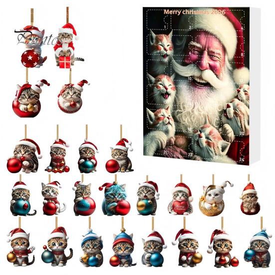 Christmas Advent Calendar Cat Calendar, 24 Days Countdown Cute 2D Kitten Holiday Backpack Charm Accessory Ornaments for Party Tree Decor, Gifts Lovers
