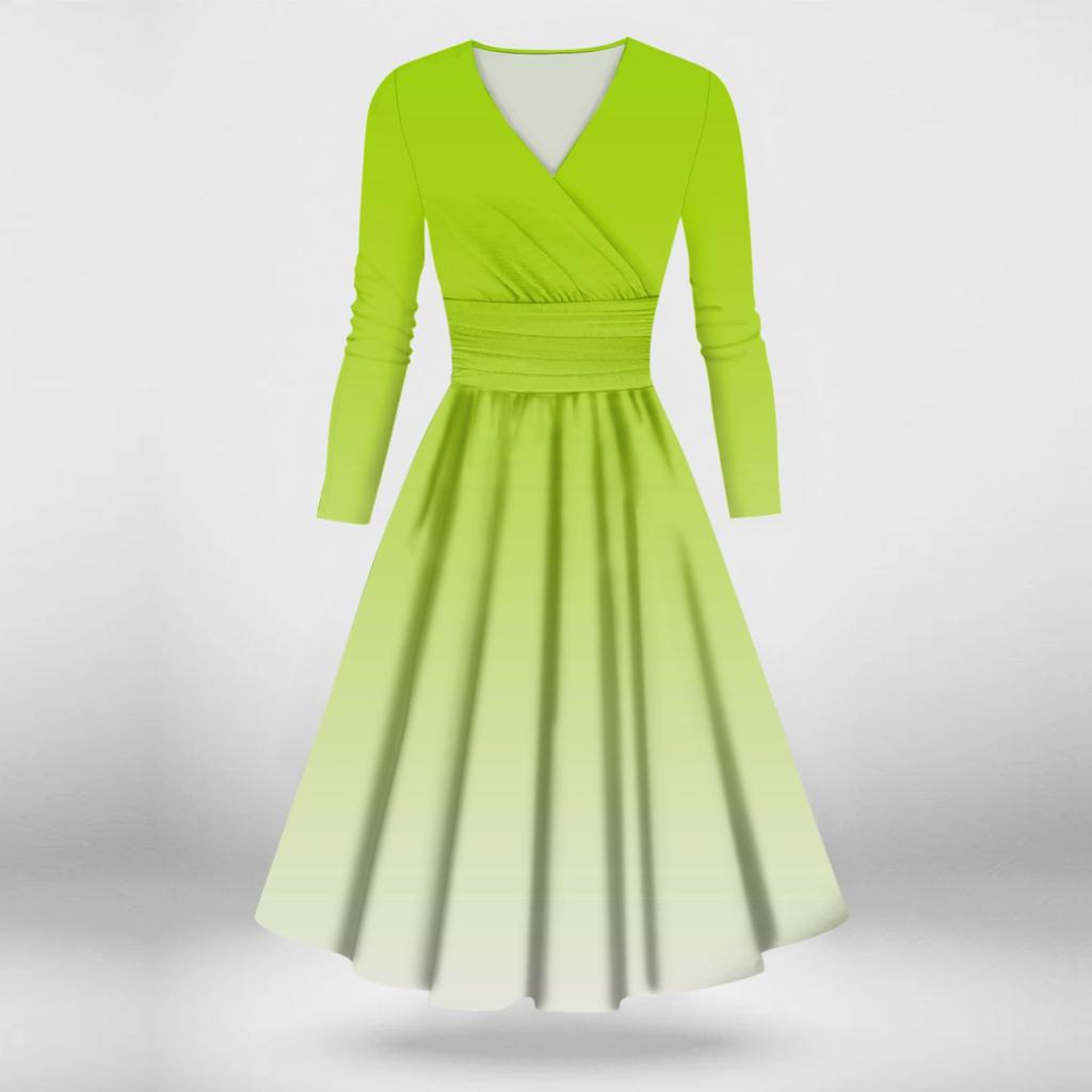 Dámské ležérní a módní sexy šaty s dlouhým rukávem a výstřihem do V s přechodem