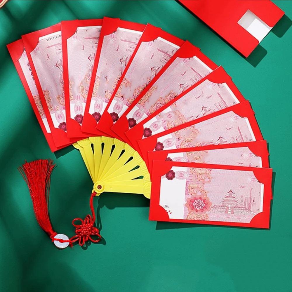 

Best Wishes New Year Money Pocket Tassel Fan Shape HongBao Fashion Fan Shape Red Envelope New Year 10Card Slots