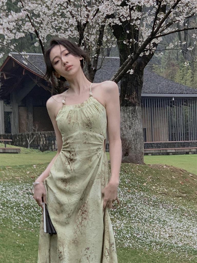 2024 Summer Halterneck Camisole Dress: Women's Elegant Cut-Out Waist Long Dress