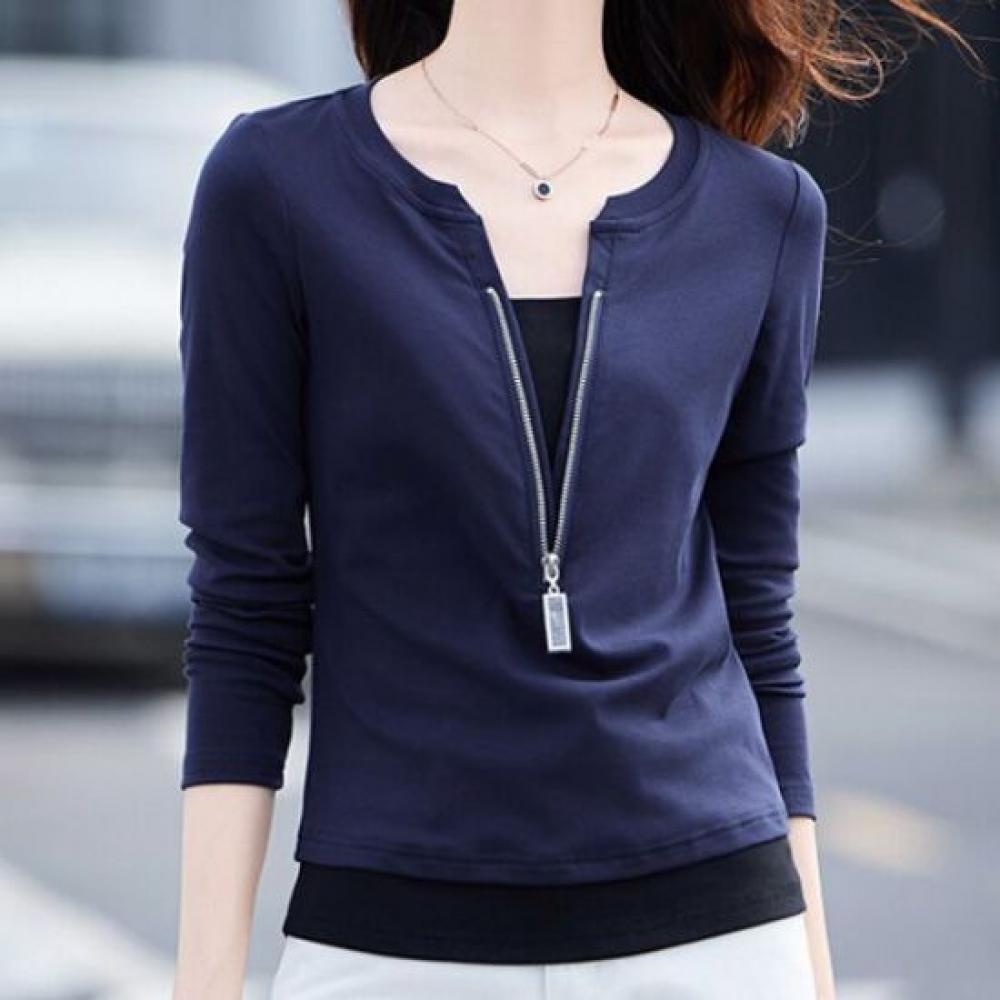Navava Women Layered Zipper PoinT Long Sleeve T shirT nT3247