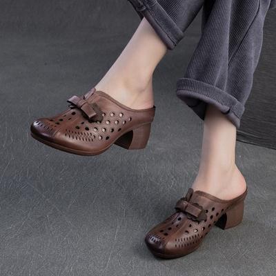 Retro Mid-heel Outdoor Slippers Genuine Leather Comfortable Breathable Versatile Women's Shoes
