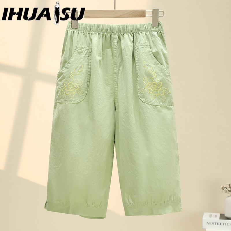 

IHUASU Summer Women Elastic Waist Straight Trousers Middle Age Older Women High Waist Straight Pants Washed Cotton Cropped Plus Size Pants XL зелёный