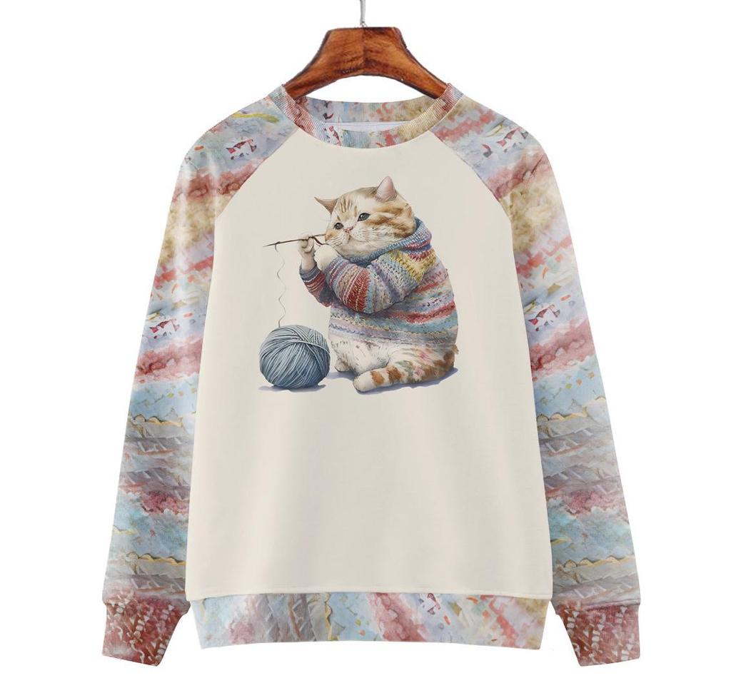 Women's Cross-Border Digital Print Raglan Round Neck Hoodie for Spring & Autumn