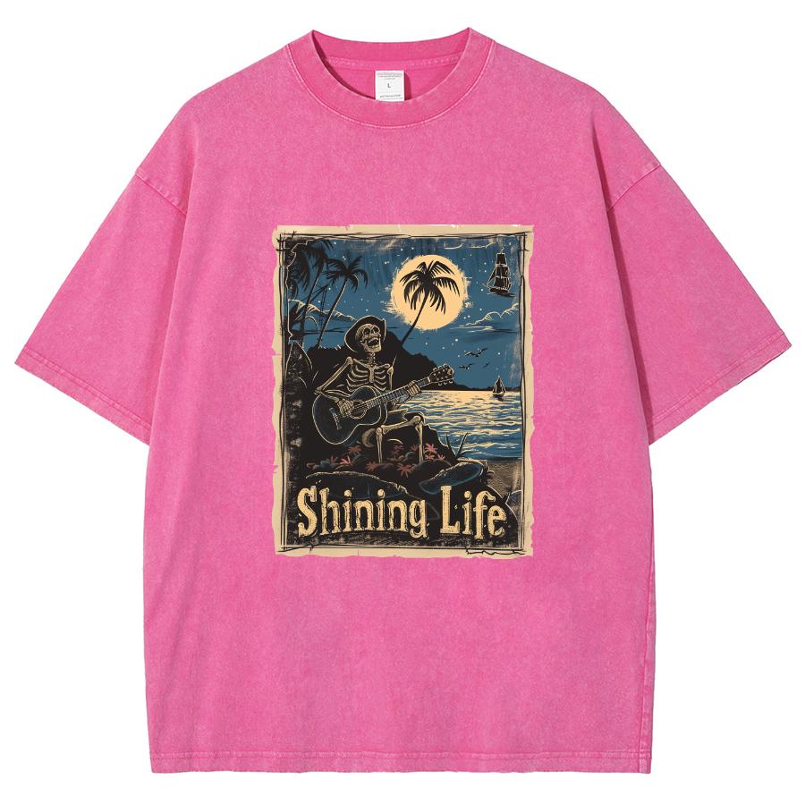 American Anime Movie Style Skull Print Washed T-Shirt Oversized Loose Unisex Couple Short Sleeve Comfortable High Street