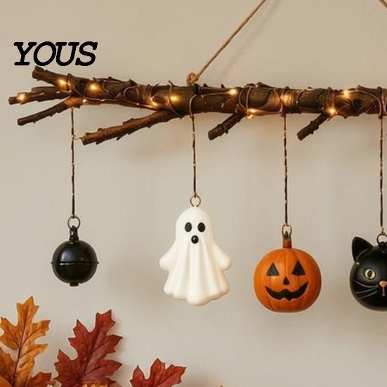 Lighted Autumn Broom Hanging Halloween Witch Wall Decor with LED Light, Thanksgiving Fall Front Door Cute Ghost Star Moon Sign Pumpkin Cat,