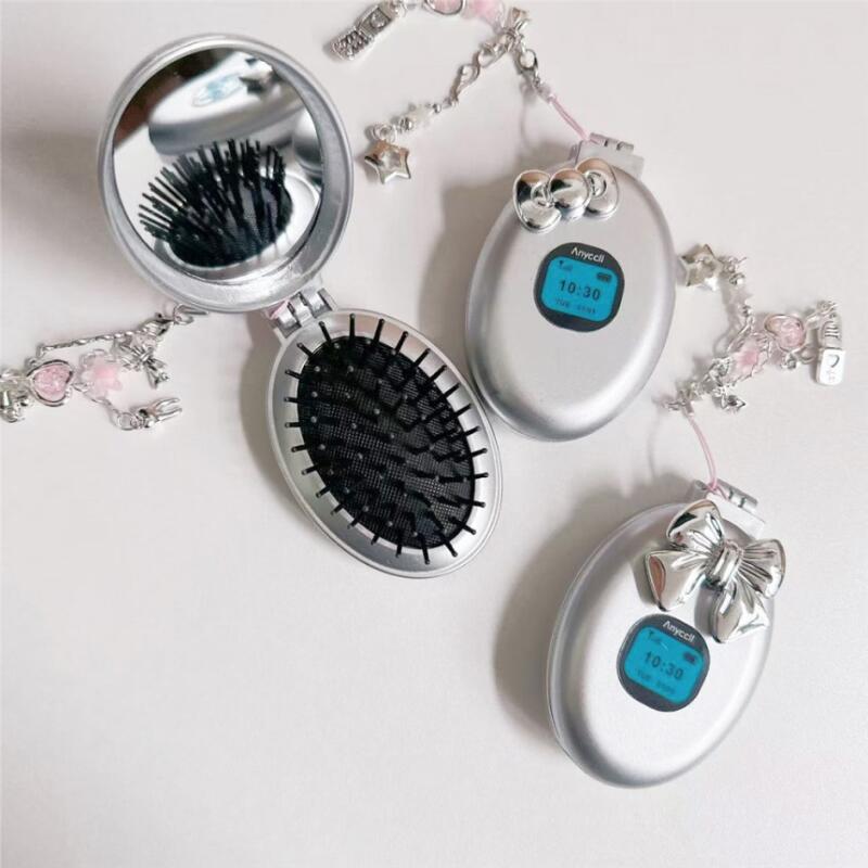 Y2K Retro Flip Phone Hand Mirror Hair Comb Keychain 2-piece set 1. Small ribbon