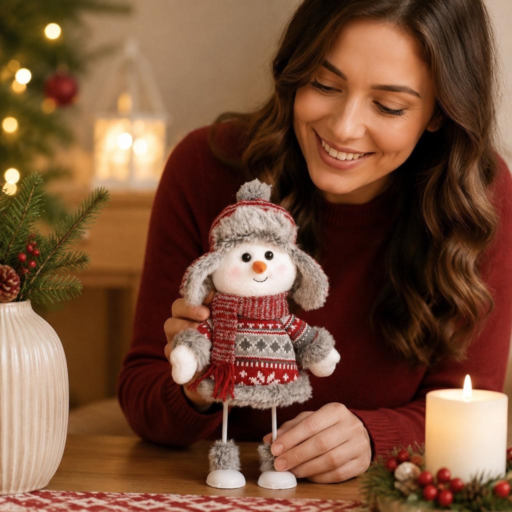 Rocking Christmas Snowman Figurine with Red Knitted Ear Flap Hat for Holiday Tabletop Decor and Gift