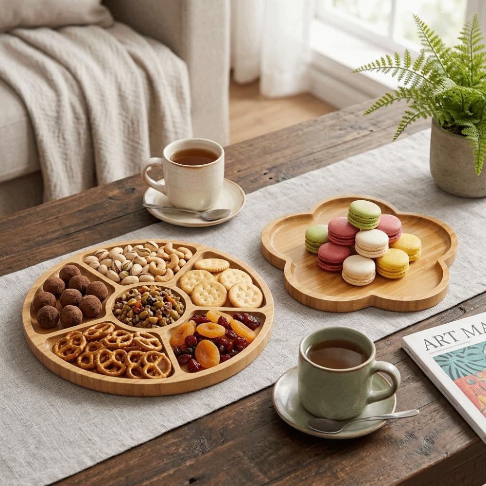 Bamboos Tea Tray Thickened Tea Platter Bamboos Grain Fruit Dish Afternoon Tea Round Shaped