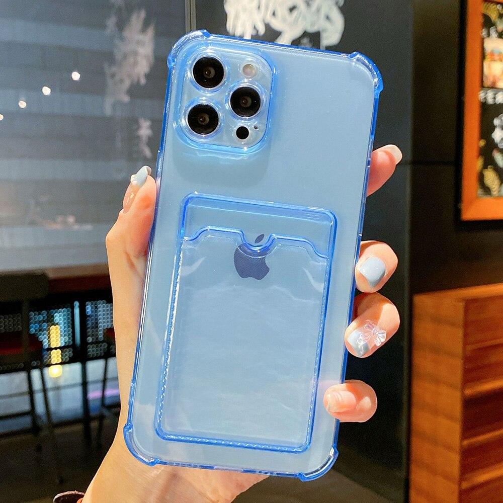 

Силиконовый чехол с держателем для карт для iPhone 13 12 11 Pro Max XR XS 7 8 Plus SE 2020, чехол для мобильного телефона, мягкий противоударный прозрачный корпус iPhone 12 синий