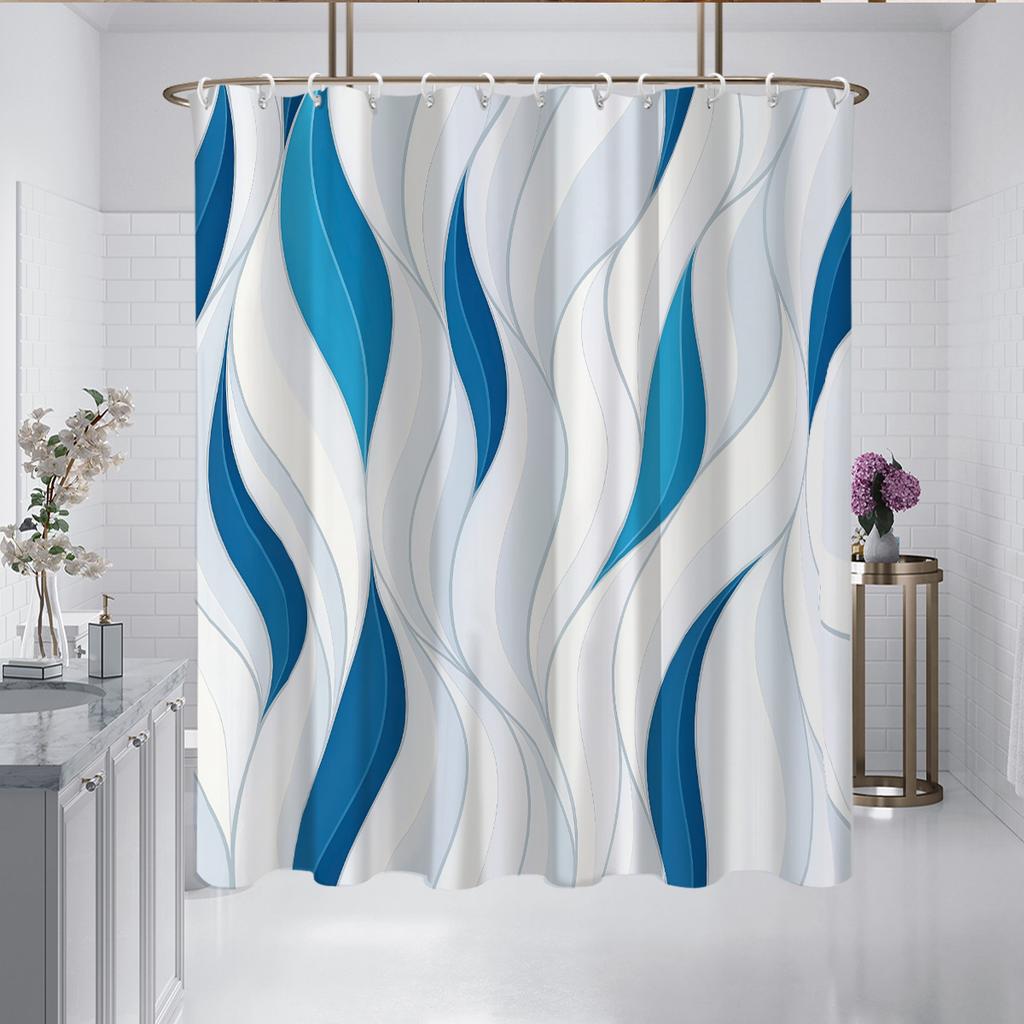 1P Blue Abstract Printed Waterproof Shower Curtain Shower Partition Hanging Curtain With 12 Hooks Multiple Sizes Easy To Install