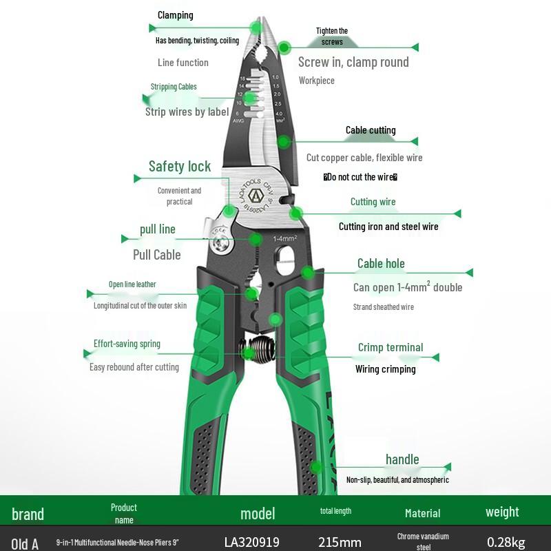 Old A 9" Multifunctional Electrician's Long-Nose Pliers - Wire Stripping and Crimping Tool (Model: LA320929)