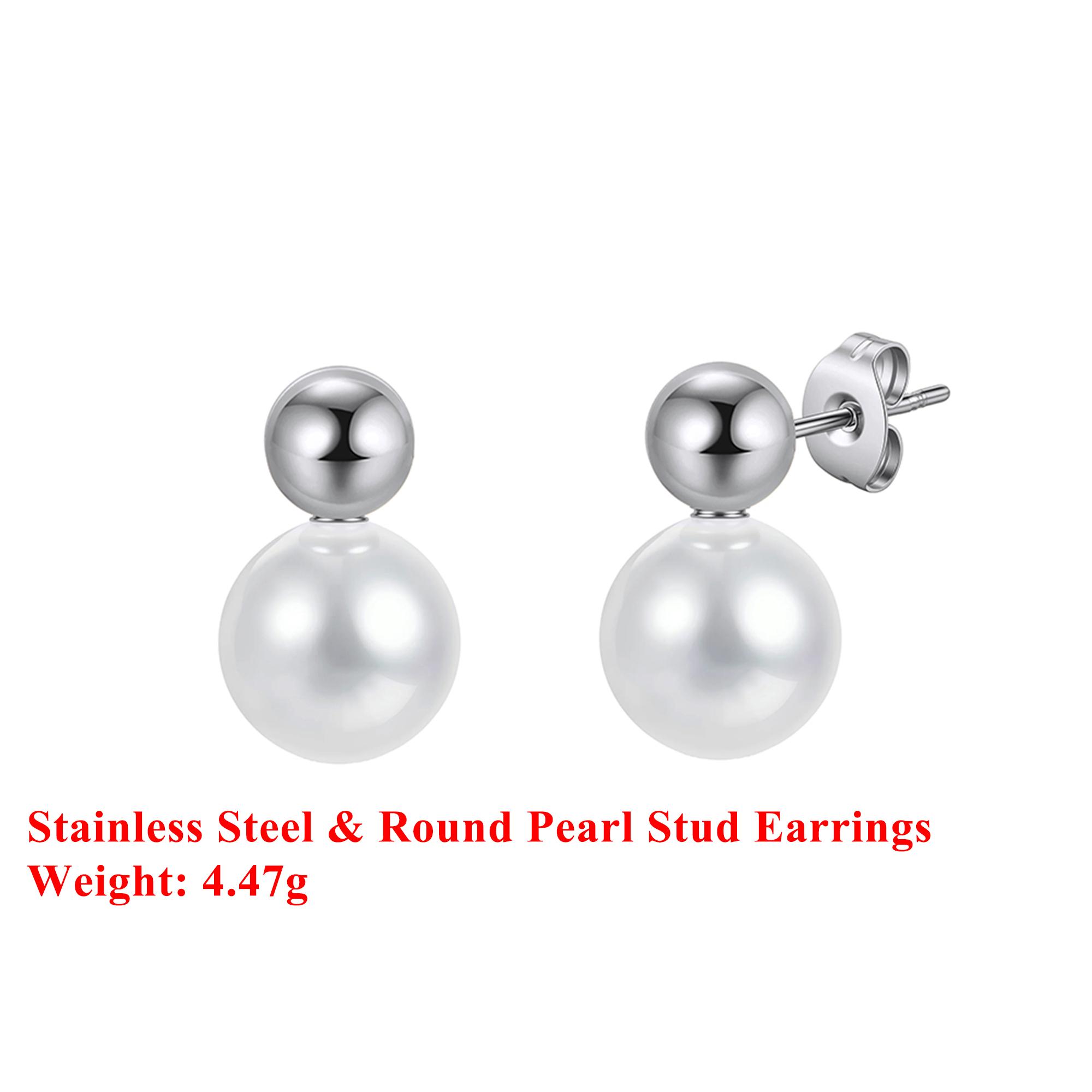 

Effie Queen Stainless Steel 18k Gold Round Pearl Stud Earrings Simple Jewelry for Women Wedding Party Banquet Fine Gift STPE03 серебряный